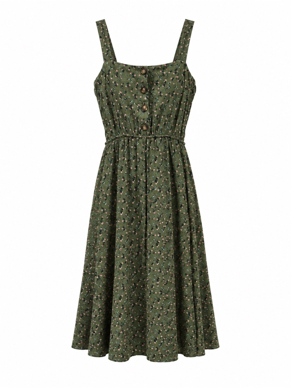 Sleeveless Olive Floral Midi Dress with Button Front